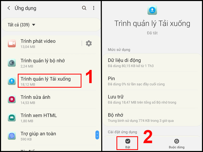 Chọn Trình quản lý Tải xuống rồi nhấn vào nút Bật